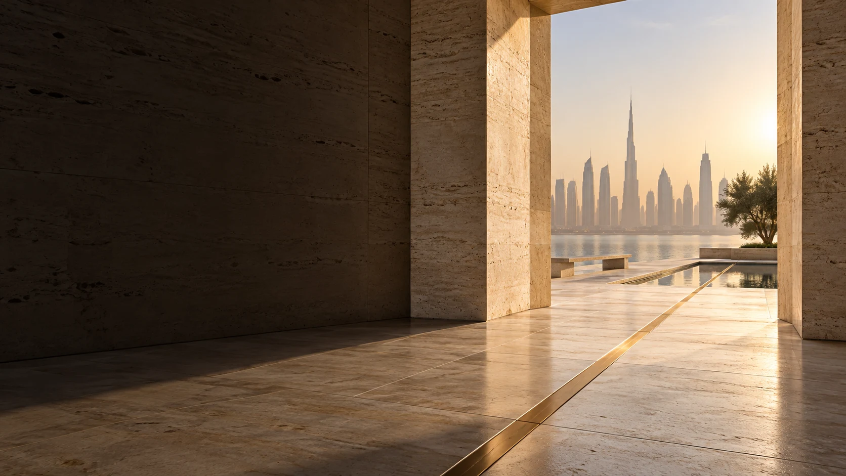 A warm architectural doorway opening toward Dubai's skyline