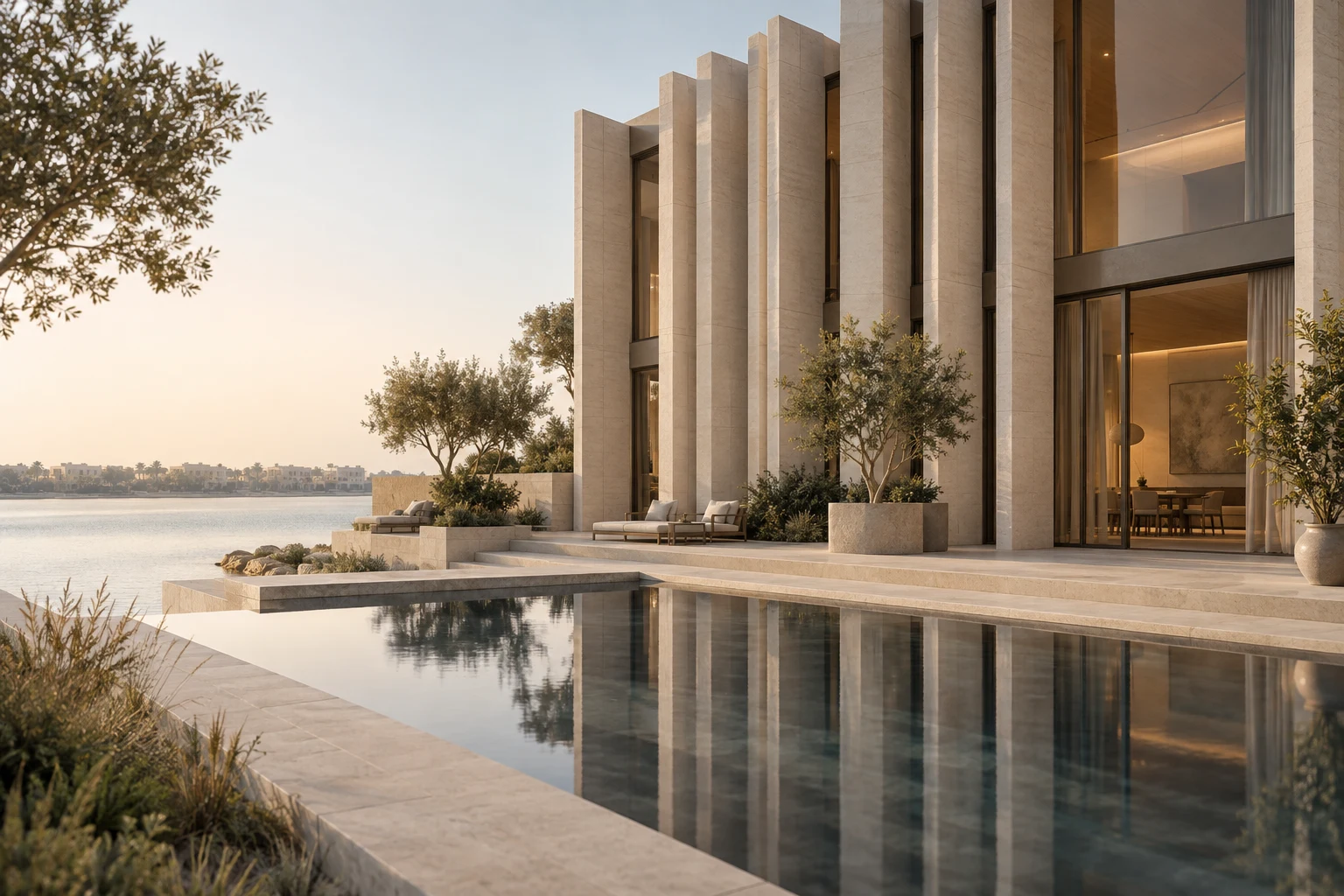 Illustrative waterfront residence with a sunlit terrace
